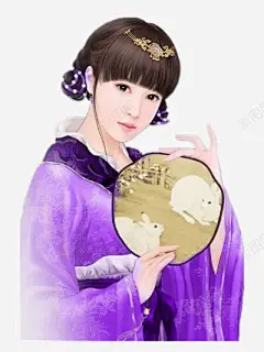 兔扇紫衣清澈女子古风手绘 创意素材