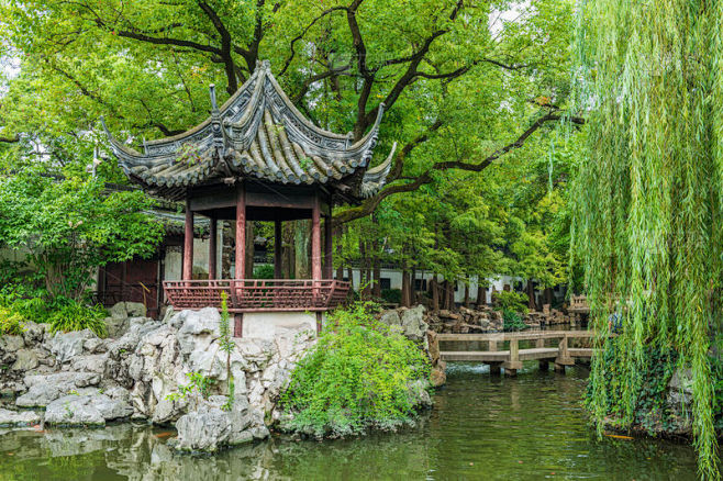 中国,园林,上海,传统,台币,豫园,亭台楼阁,水,柳树,水平画幅