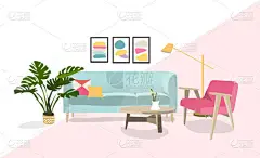 矢量室内设计手绘插图。客厅家具草图。室内设计说明.