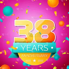 现实38周年庆典设计横幅。金色数字和青色丝带，气球，五彩纸屑在粉红色的背景。彩色矢量模板元素为您的生