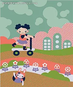 卡通画—建筑前玩滑板的女孩和地洞里的兔子地洞|花朵|建筑|卡通画|卡通人物|卡通人物图片|漫画人物|人物素材|人物图片|矢量人物|兔子|云朵