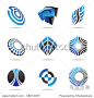 Various blue abstract icons isolated on a white background