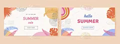 五彩缤纷的夏日旗帜上点缀着热带树叶。新潮的抽象水平海报模板与手掌和几何元素图案。现代夏季促销背景设计