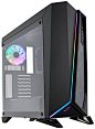 This may contain: a black computer case sitting on top of a white surface with a rainbow light coming from the side