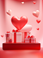 gifts with white boxes and hearts on valentines day background 3d visualization, in the style of carl kleiner, vibrant illustrations, light red, atey ghailan, ceramic, soft, romantic scenes, eye-catching