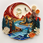 playing card with a picture of a landscape , paper quilling, intricate details, ornate