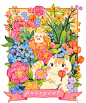 This may contain: a bunch of flowers and cats in the middle of it with a ribbon around them