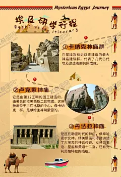埃及研学旅游路线海报 【酷图网】埃及研学海报,埃及旅游行程,路线宣传单页,沙漠,异域风情,骆驼卡通,人面狮身像,埃及金字塔,卡通游轮轮船,卡通路标定位,卡纳克神庙群,卢克索神庙,丹达拉神庙
