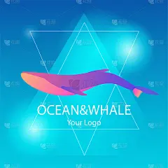 矢量时尚的海洋标志在三角形框架的鲸鱼在深海海洋或海洋在现代梯度颜色和辉光。