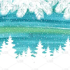 圣诞和新年贺卡。手绘水彩画以树木、雪花、飘落的雪花为背景的寒假景观。