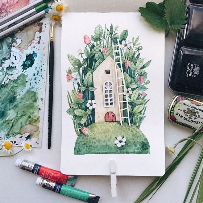 童话小房子水彩画图片