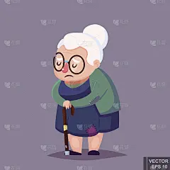 穿着旧衣服、拄着拐杖、戴着眼镜的可怜的老妇人。矢量插图。