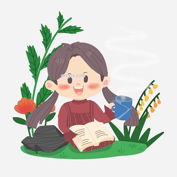 春天卡通女孩坐草地看书喝茶PNG素材图片...