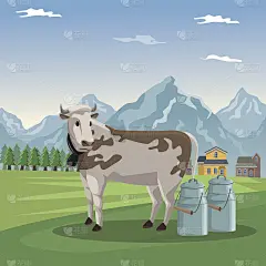 山景观山谷海报与森林和门面房屋和近距离奶牛动物和金属罐的牛奶