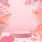 Abstract minimal scene with geometric forms. cylinder podium display or showcase mockup for product in pink background with paper leaves. Premium Vector
