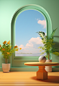 a green room with a round windowsill and table with plant on it, in the style of pastel dreamscapes, bright backgrounds, arched doorways, pseudo-realistic, brightly colored, mirror, light amber and sky-blue