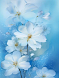 a blue background with many flowers and leaves, in the style of light white and sky-blue, igor zenin, simple designs, luxurious wall hangings, light sky-blue and sky-blue
