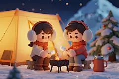圣诞节寒冬雪山露营插画人物素材