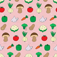 无缝图案与涂鸦风格的蔬菜。打印墙纸，包装纸，纺织品背景。手绘插画，营养风格好。素食是健康、天然、有机
