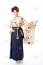 袴,美女,白色背景,衣服,分离着色,女人,长袖和服,和服,垂直画幅,仅成年人