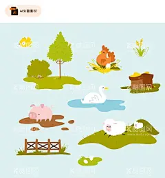 可爱农场元素矢量素材  - 源文件下载【酷图网】鸟,树木,农场,鹅,猪,手绘小麦,母鸡,鸡蛋,绵羊,栅栏,麦穗,可爱农场元素,谷物,丰收,卡通绵羊,手绘农场,卡通农场,儿童插画,卡通手绘