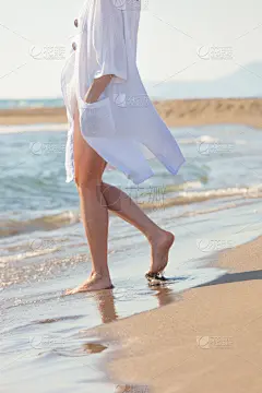 棉,女人,连衣裙,沙子,海滩,白色,腰部以下,无忧无虑,腿,海岸线