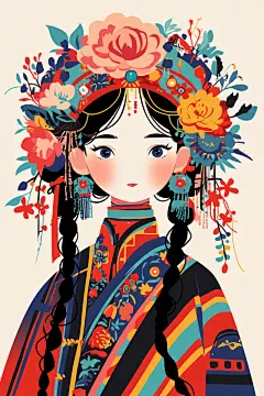 AI数字艺术扁平化民族风东方人物插画-众图网