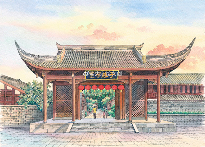 手绘超话 图二 都江堰 图四 文殊院 线稿工具 钢笔：凌美0.4 墨水：鲶鱼防水墨 水彩工具...展开全文c