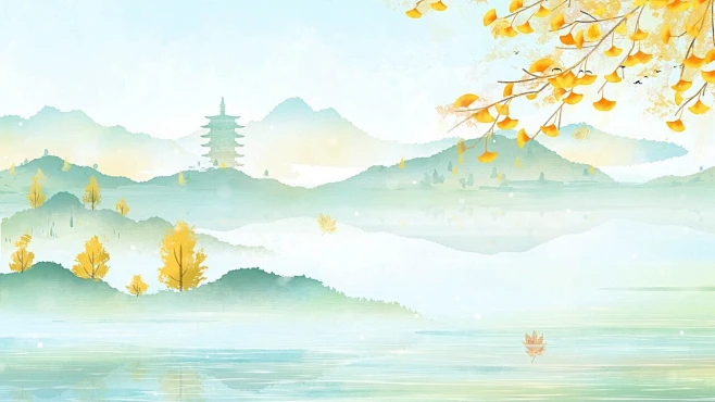 4k古风秋天插画手绘秋日山水画风景背景落叶枫叶立秋秋分节气动态视频-花瓣网