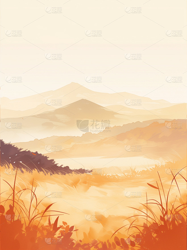 秋天系列插画秋天山水通用背景素材