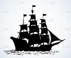 木制经典的高线浪板帆船鱼厨房象形文字隔离在白色的天空。轮廓黑色墨水手绘标志图标图案设计.纸质文字空间
