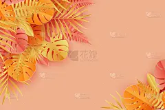 热带纸棕榈，巨叶框架。夏季热带叶。折纸异国情调的夏威夷丛林，夏日背景。剪纸风格，色彩柔和