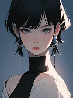 ttmmarkq6006_A_woman_black_short_hair_pearl_earrings_blue_skirt_c872f06b-f28b-4550-b573-86a68a2da1ca