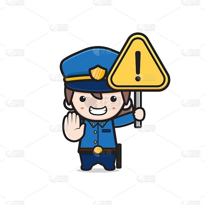 可爱的警察手持警告标志卡通图标插图。