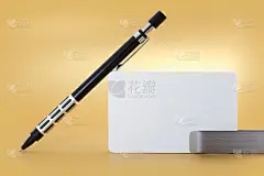 模型业务模板访问卡与钢笔在橙色的背景。