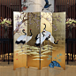 新中式手绘丹顶鹤屏风隔断时尚折屏移动创意典雅客厅酒店会所屏风