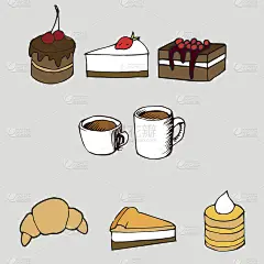 手绘矢量插图集-杯子和甜蛋糕