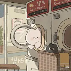 This may contain: a cartoon character is looking into a washing machine with his head in the basket while another person looks on