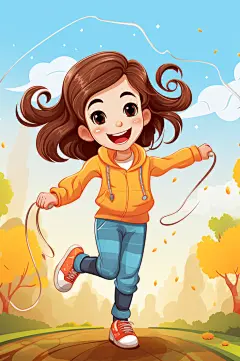 AI数字艺术卡通跳绳的小女孩插画-众图网