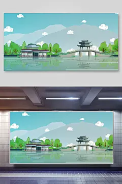 古镇清新自然风景建筑插画-众图网