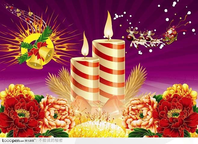 圣诞节宣传海报设计素材-牡丹花纹和蜡烛