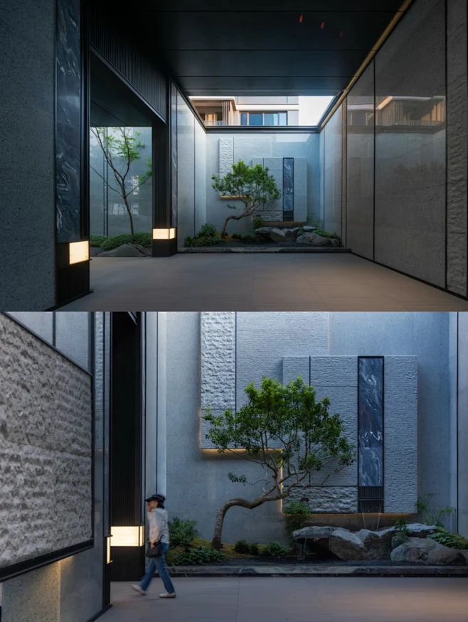 杭州龙湖·滨颂御湖境 造型植物与景墙的几何美学交织成景，层次分明，仿若一幅静谧的艺术画卷，让空间充满了自然的韵律与现代的格调，低调奢华。-花瓣网