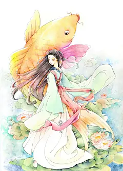沐红鲤-爱做梦的猫-猫小姐_猫小姐,爱做梦的猫,手绘,插画,古风,大鱼,水彩_涂鸦王国插画