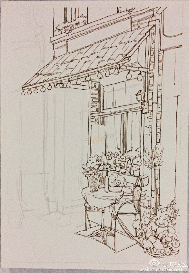 #风景淡彩# 简单的一张淡彩街景，其中包...