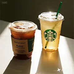 jimeng-2025-08-01-1030-生成一张塑料杯英文海报，尺寸1920_650像素；海报背景有质感；塑料杯对比星巴