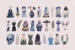 恐怖神秘万圣节魔法女巫水彩绘画手绘插图插画png免抠图片素材模板