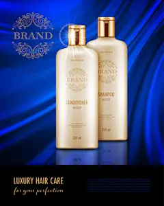 点击来源直接获取大图文件 |蓝色光滑缎面织物背景上带有逼真护发产品容器的化妆品广告海报。用于推广您的品牌的矢量插图