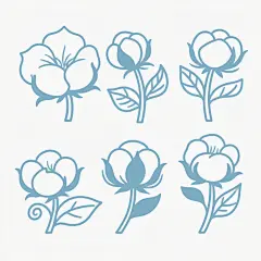 一套六个不同造型和角度的棉花图案，保持原有的简约线条风格，采用统一的浅蓝色配色，所有图案规整地排列在纯白色背景上，每个棉花都有独特的姿态和细节，包括不同的花瓣卷曲方式和叶子形态，整体呈现出协调一致的视觉效果，适合作为系列素材集合使用。