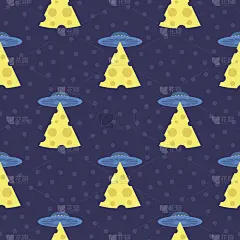 抽象的未来主义印刷品与飞碟，光线与奶酪。