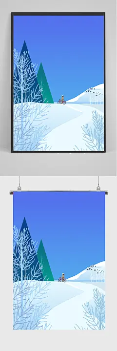 蓝色冬季雪地女孩骑自行车插画设计